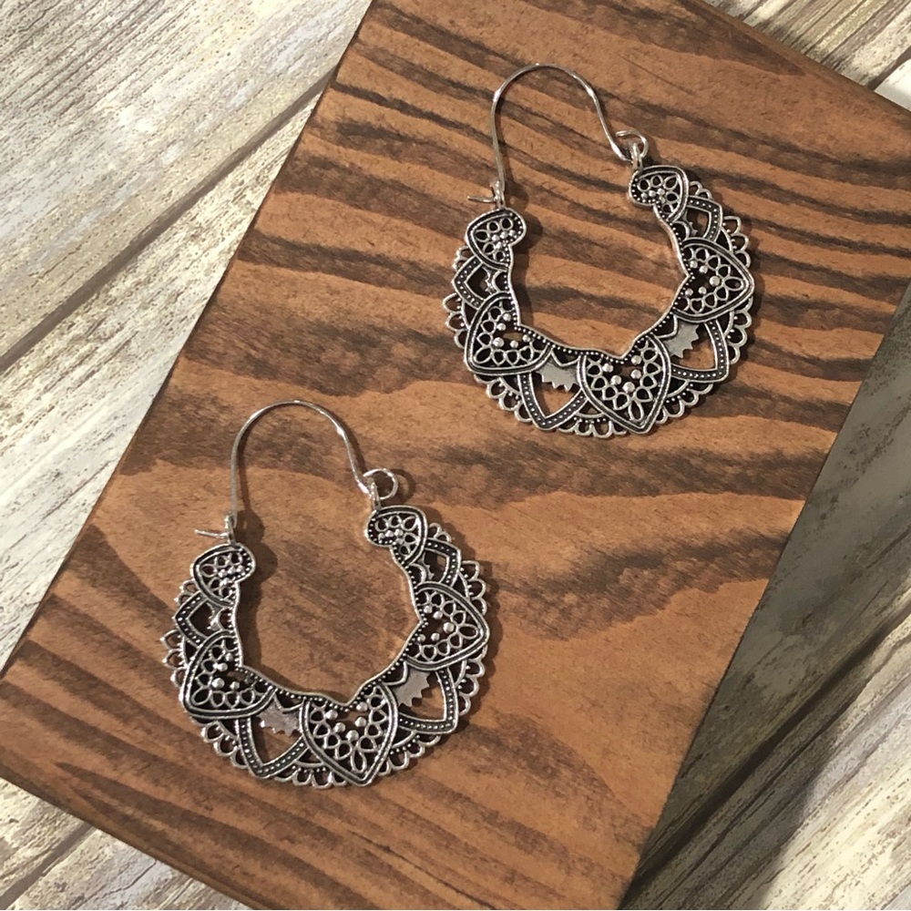 Silver Filigree Hoop Earrings Boho Statement